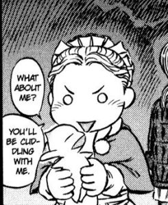 An image of a young girl holding a fairy (which looks like a puff pastry with eyes and a mouth). The image reads "what about me? you'll be cuddling with me."