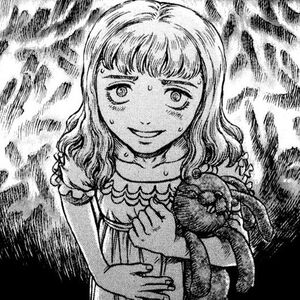 An image of a young girl holding a toy rabbit whilst surrounded by smoke. She looks shook.