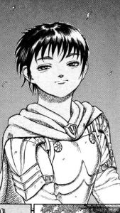 A picture of a woman (Caska) in armour grimacing.