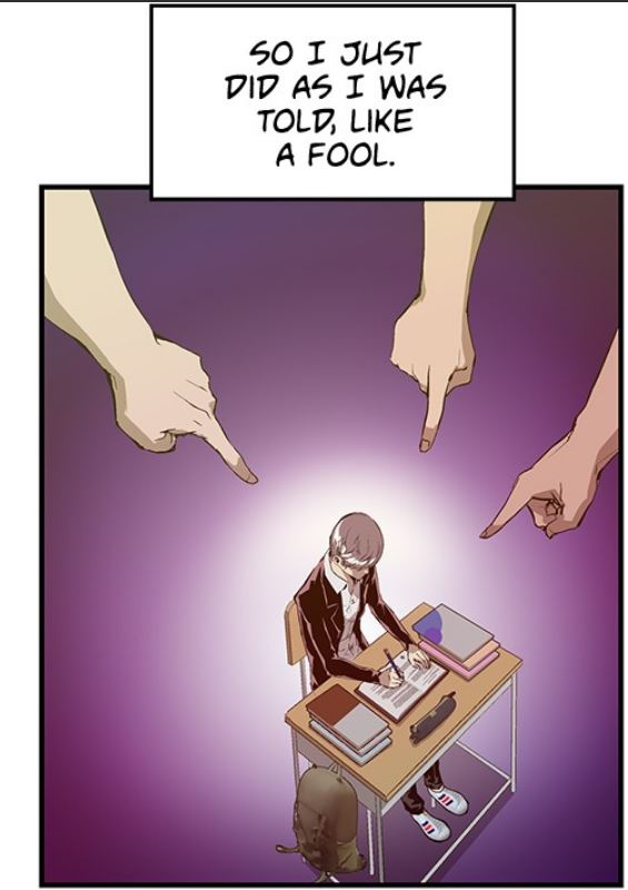 A panel from the manwha "Weak Hero".  The image is of a school-age boy with gray hair sitting at a desk, surrounding by books. Several over-sized hands are pointing down at him. The text reads," So I just did as I was told, like a fool."