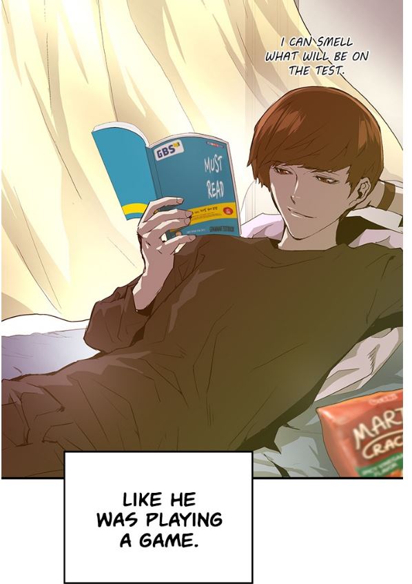 A boy with dark, brown hair lounging on the bed and studying for a test by reading a book. He wears a brown sweater. The text above his head reads, "I can smell what will be on this test?" The speech bubble reads, "like he was playing a game."