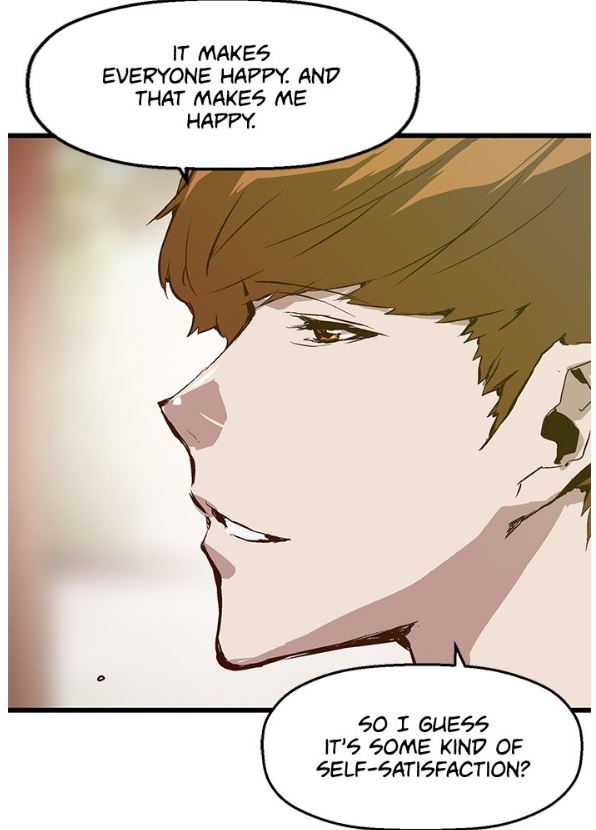 A boy with brown hair. The text bubble reads, " So I guess it's some kind of self-satisfaction?"