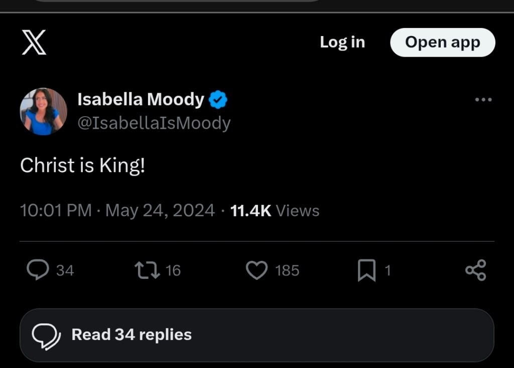 Tweet from Isabella_Moody that says Christ is King